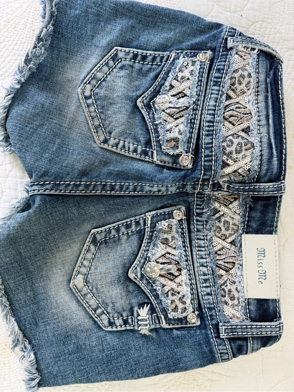 Miss Me Light Blue Denim Cropped Shorts with Embellished Pockets